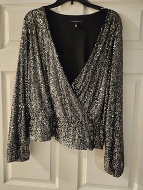 White House Black Market Silver Sequin Wrap-Front Blouse